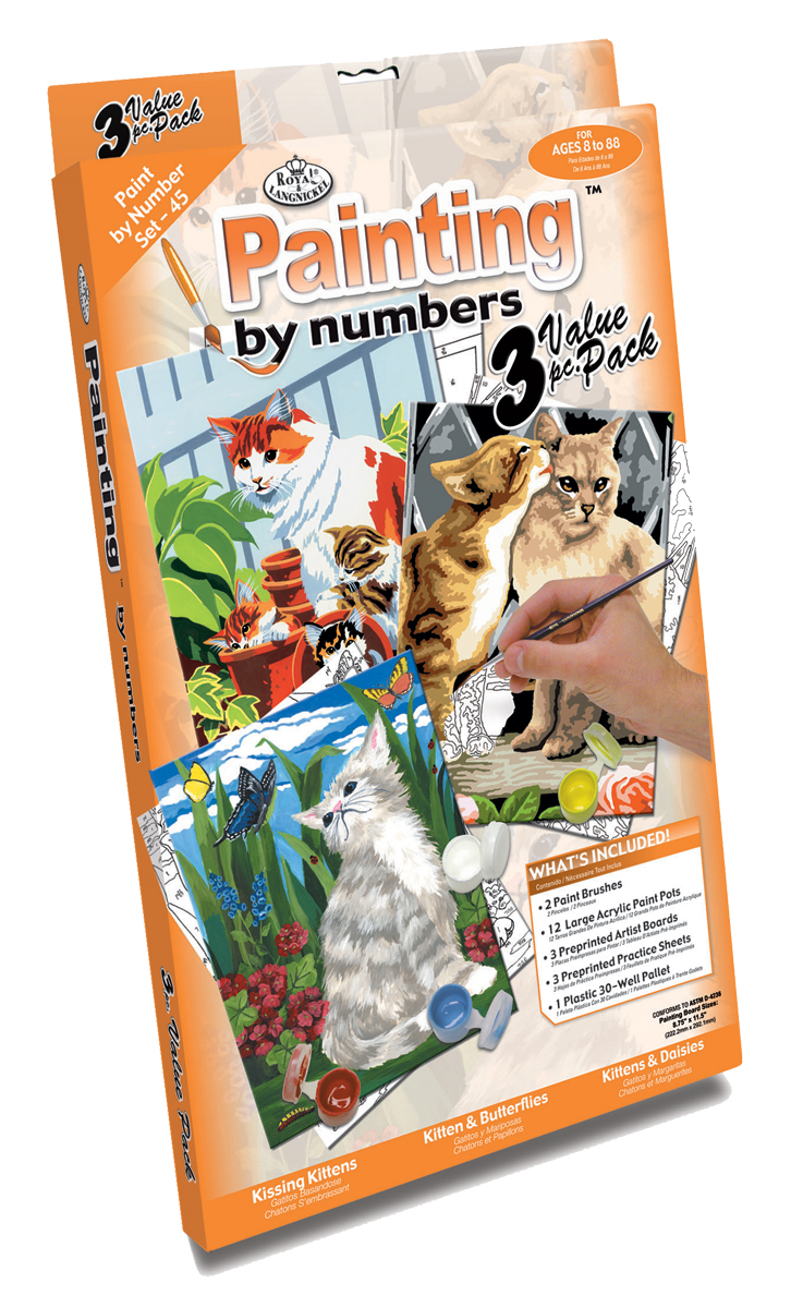 A Paint by Numbers kit with 3 pictures of cats.